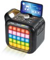 Zwarte VTech Karaokeset 'Light Party' met gekleurde lichtjes en een smartphonehouder met afspeelscherm.