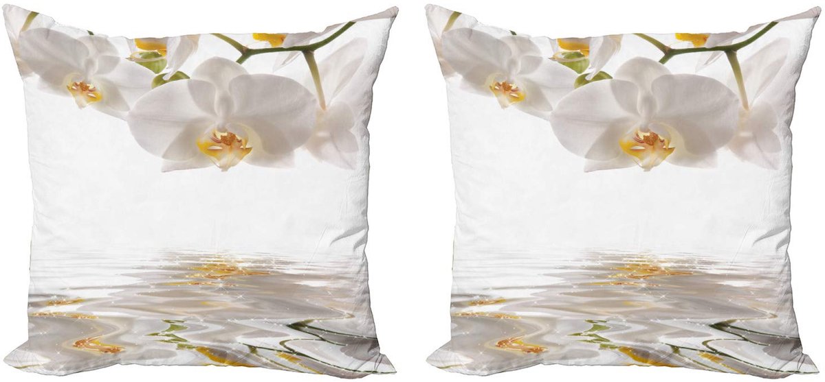 ABAKUHAUS Bloemen-kussenhoezen-set 2x50x50 cm – wit-oranje – dubbelzijdig