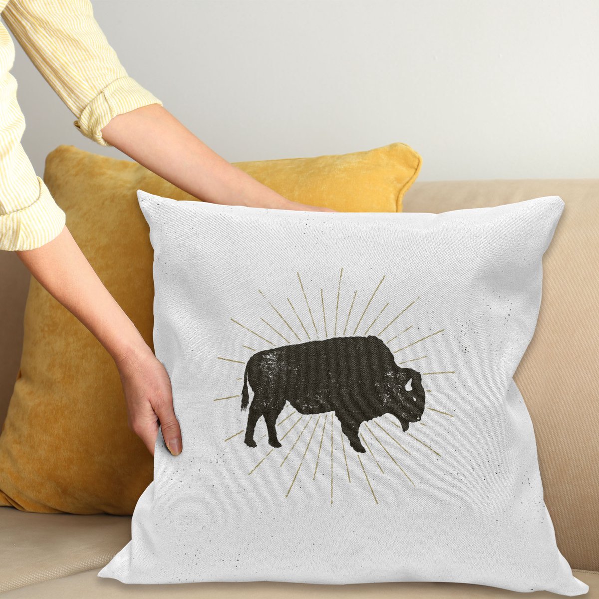 ABAKUHAUS Buffelkussenhoes – Vierkant 50x50 cm – Wit en donker taupe – dubbelzijdig bedrukt