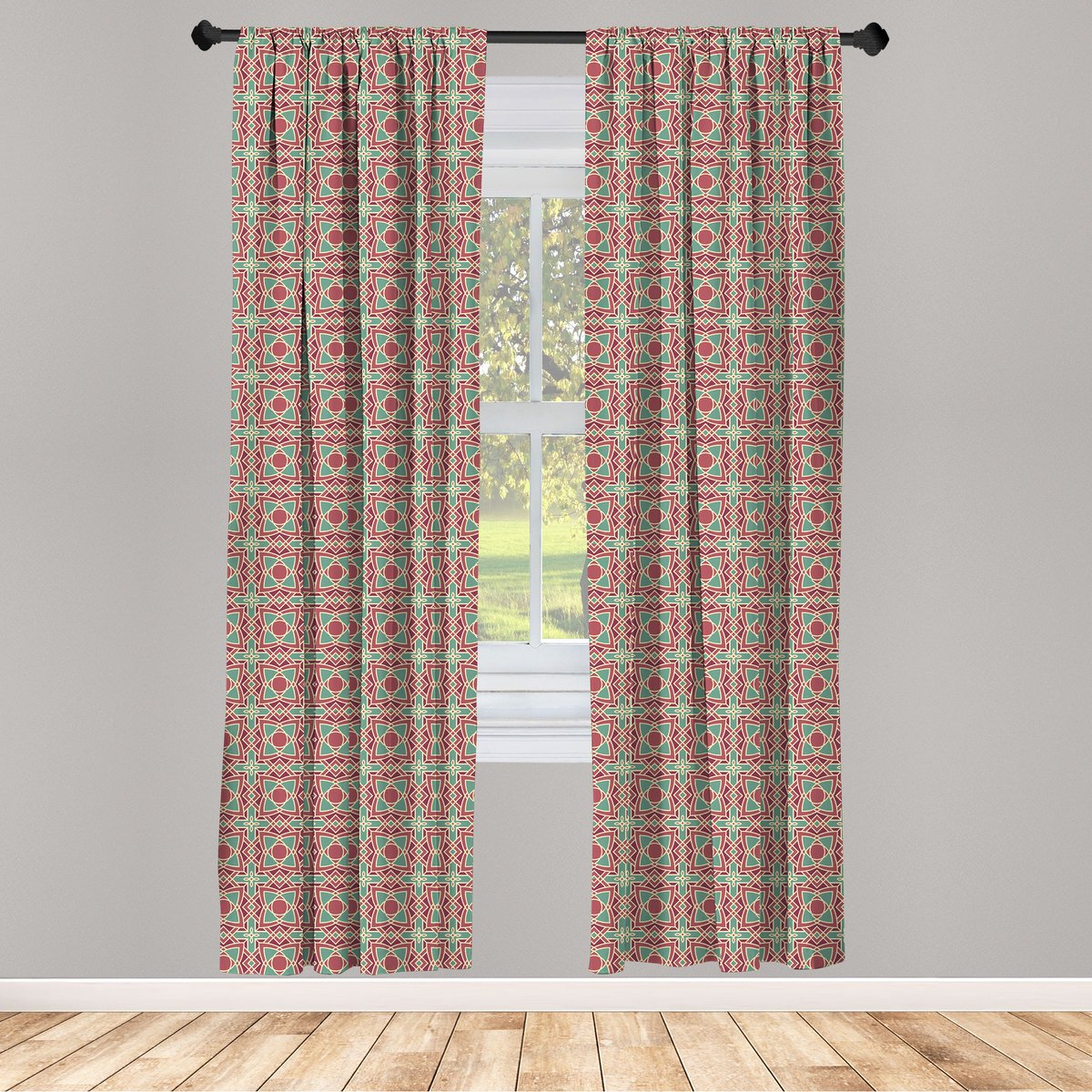 ABAKUHAUS Etnische Raamgordijnen – 2-delige set 75x225 cm – Verduisterende gordijnen, met roedezak, kleuren: maroon, roze en amandelgroen