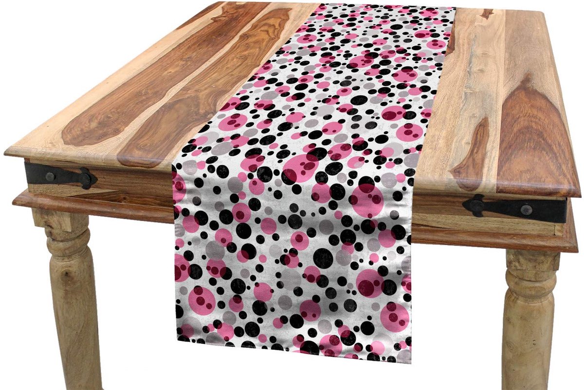 ABAKUHAUS Tafelloper 40x180 – Roze Grijs Zwart, Retro Cirkelpunten