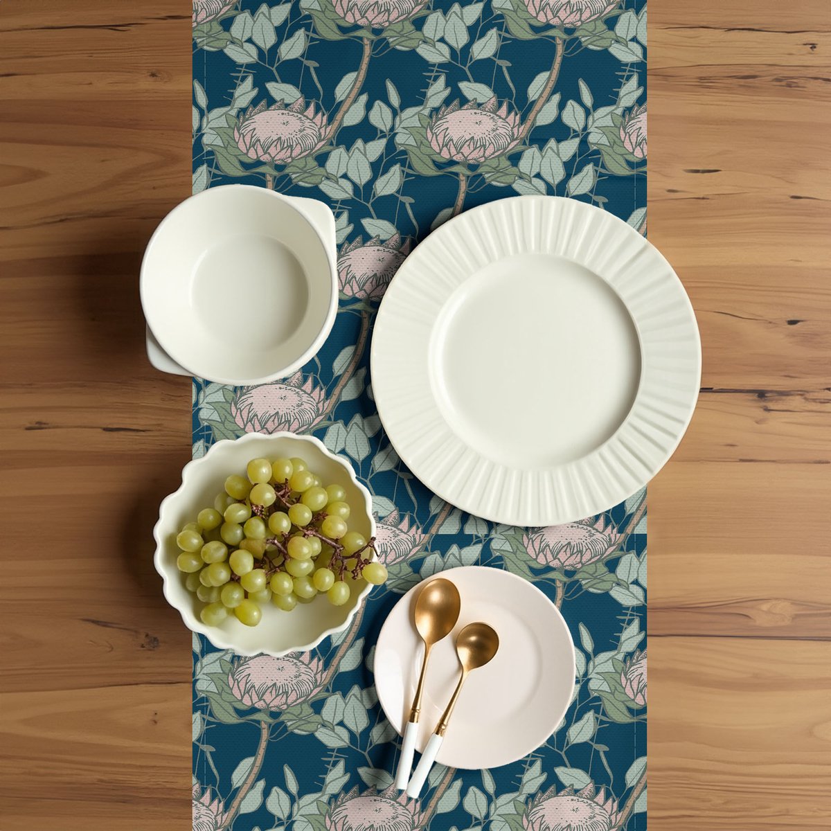 ABAKUHAUS tafelrunner – Protea-veld – 40x180 cm – roze groen nachtblauw