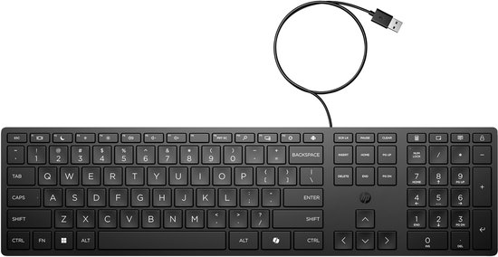 Zwart HP toetsenbord met numeriek gedeelte en USB-A kabel.