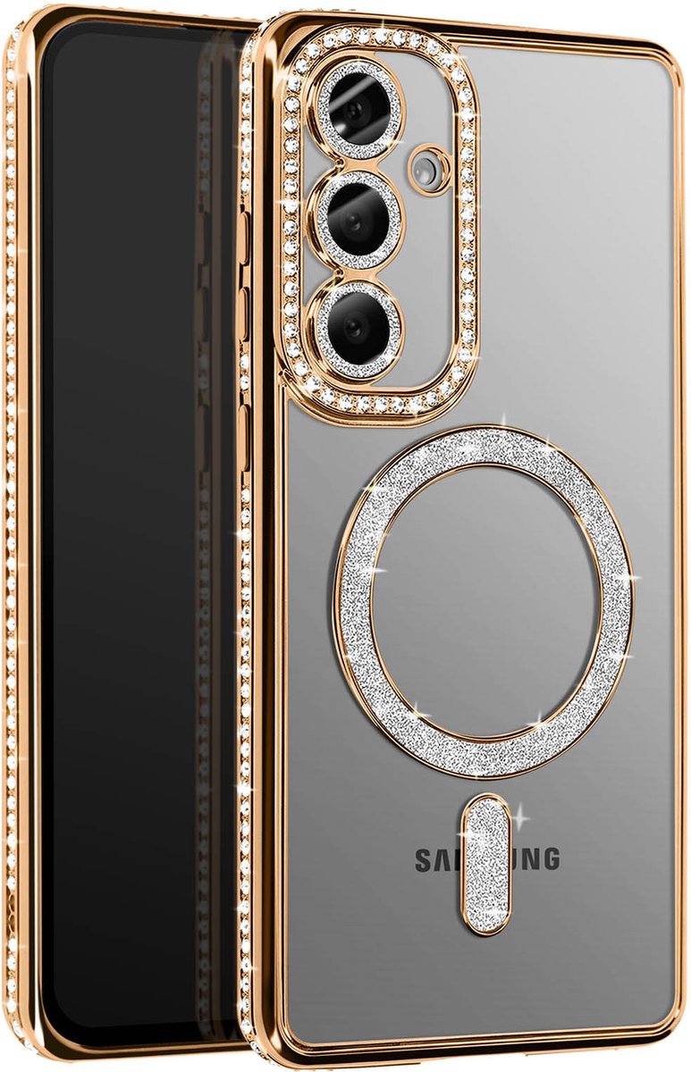 Avizar Diamond hoesje Geschikt voor Samsung Galaxy S25 MagSafe Omtrek Strass, Goud