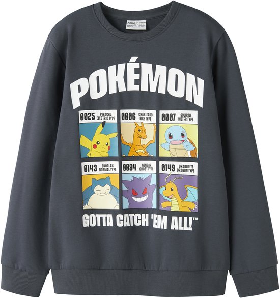 Donkergrijze sweater met Pokémon print: Pikachu, Charizard, Squirtle, Snorlax, Gengar, Dragonite en "GOTTA CATCH 'EM ALL!".
