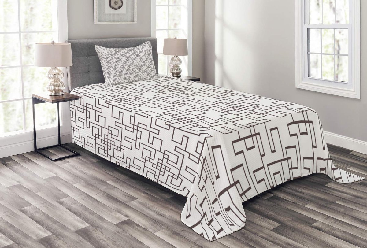 ABAKUHAUS Geometrische bedsprei-set – 170x220 cm – wit/umbrabruin