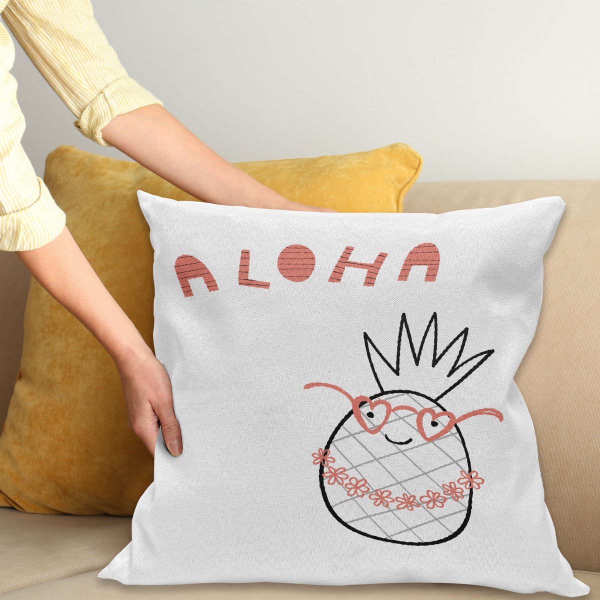 ABAKUHAUS Aloha – Kussenhoes 45x45 cm, Ananas gestreept koraalrood