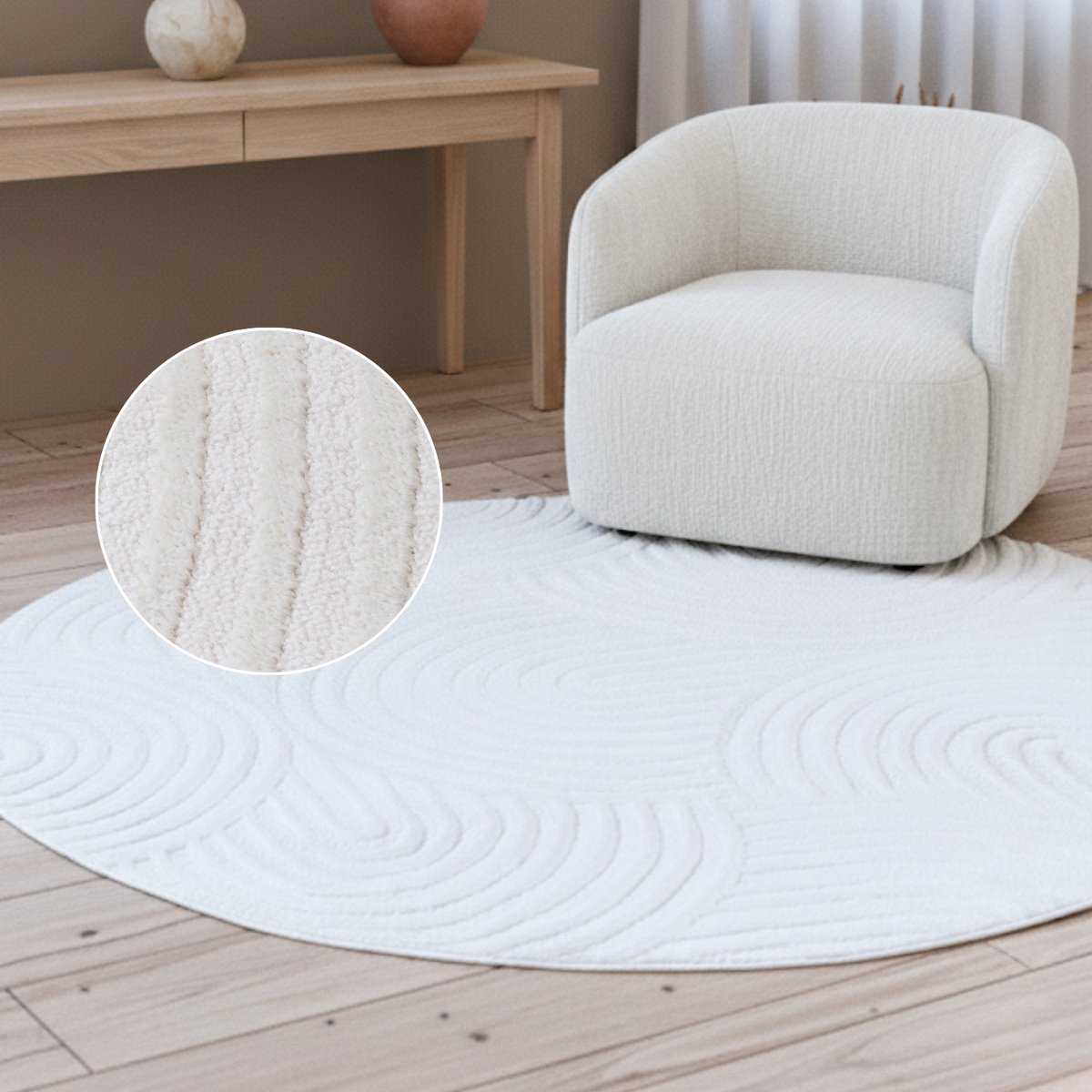 Tapiso Hygge Rond Vloerkleed Crème-Wit Modern Laagpolig 3D Geometrisch Kleed met Cirkels Woonkamer Slaapkamer Tapijt Slijtvast en Easy-Care OEKO-TEX - 80x80 Wit Creme