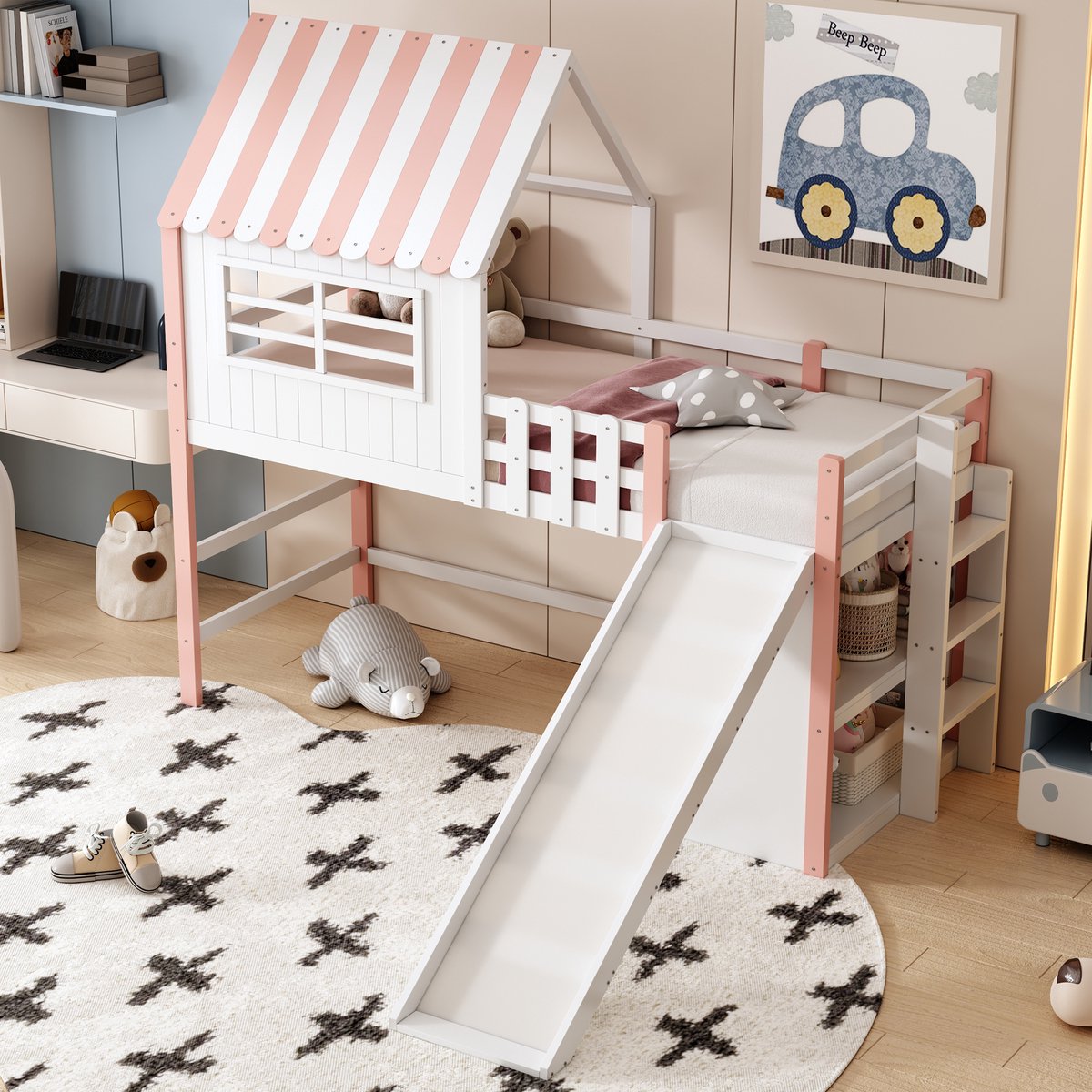 HAUSS SPOLE Kinderbed 90x200 cm - Bovenbed Met Verlengde Glijbaan En Veiligheidshek - Met Opbergvakken - Massief Hout - Roze - Zonder matras