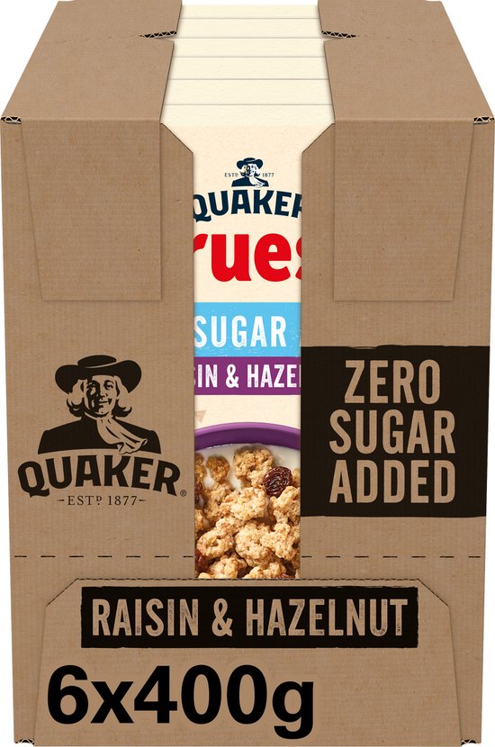 Doos Quaker Cruesli Raisin & Hazelnut Zero Sugar Added, 6x400g. Met Quaker man en kom ontbijtgranen.