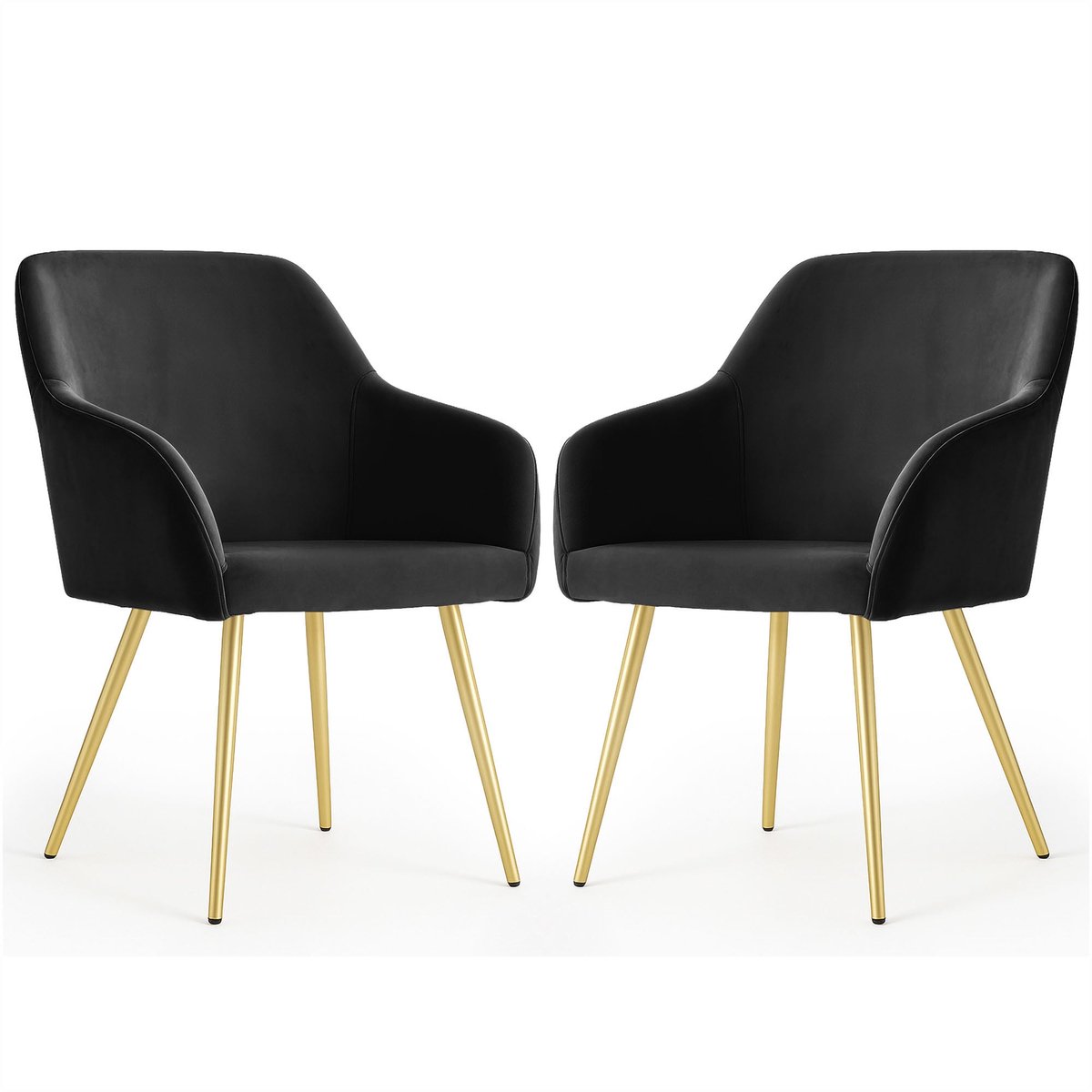 Set van 2 Eetkamerstoelen ESTELLE met Armleuningen / Gestoffeerde Stoelen / Fluwelen Stoelen en Metalen Poten / Zwart met gouden benen