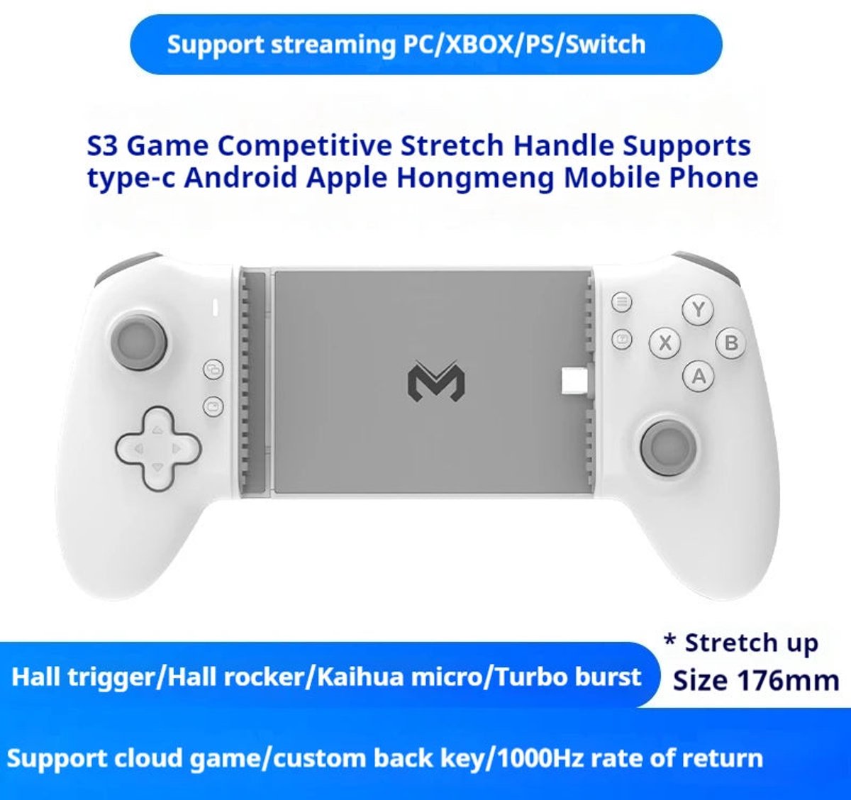 Memo S3 Uitrekbare Gamecontroller Type-C Hall Effect Joystick Voor Android iOS en Tablets Gamers
