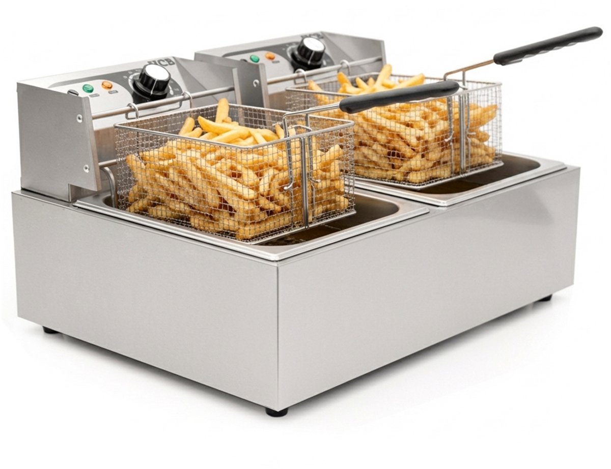 HCB® - Professionele grote Horeca frituurpan - Dubbele friteuse - 2 x 6 liter - 2 x 230V - RVS / INOX frietketel - frietpannen - frietpan - 44x57x31.5 cm (DxBxH) - 5000W - 2579