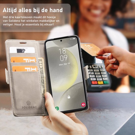 Telefoonhoesje in boekstijl, beige, met drie kaarthouders en een betaalautomaat.