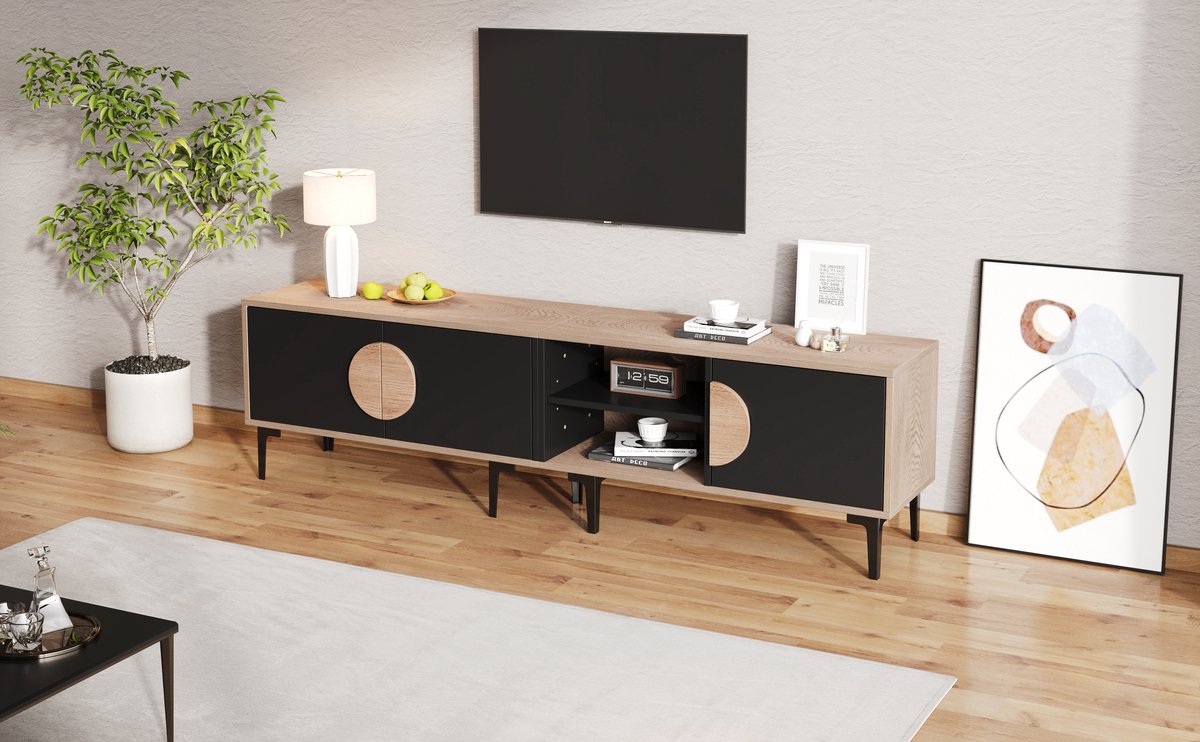 REDOM TV-meubel 180 x 35 x 49 cm van spaanplaat en zwart frame, donker walnoot en open vakken design Donkere Eik