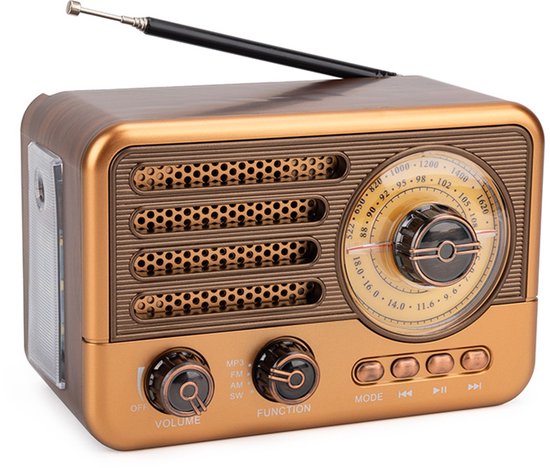 Bluetooth retro radio speaker AM FM SW draagbare vintage radio 2000mAh oplaadbaar met LED zaklamp USB TF AUX