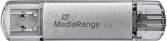 Zilverkleurige MediaRange USB 3.0 stick van 32GB met USB-A connector en USB Type-C plug, inclusief beschermkapjes.