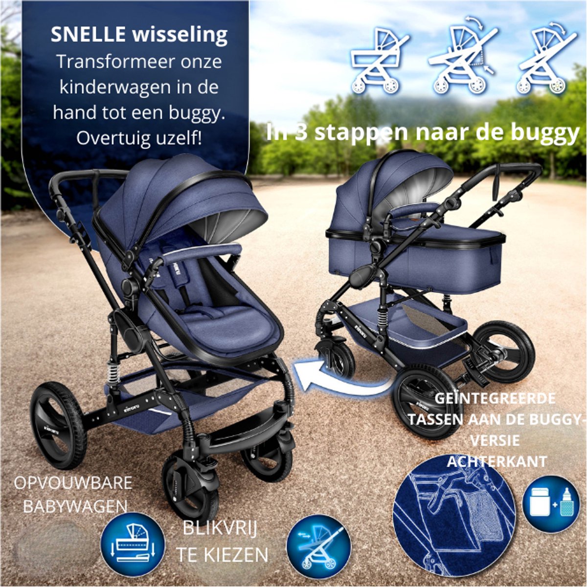 Buggy-Kinderwagen 3 in 1-kinderwagens Complete Set -One -Click Opvouwbare Kinderwagen-Kinderwagen Set voor Baby's Pasgeborenen XXL Set-(Bruin / Goud). – foto 4