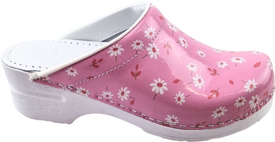 Roze PU klompje met witte madeliefjes en rode blaadjes, witte zool.