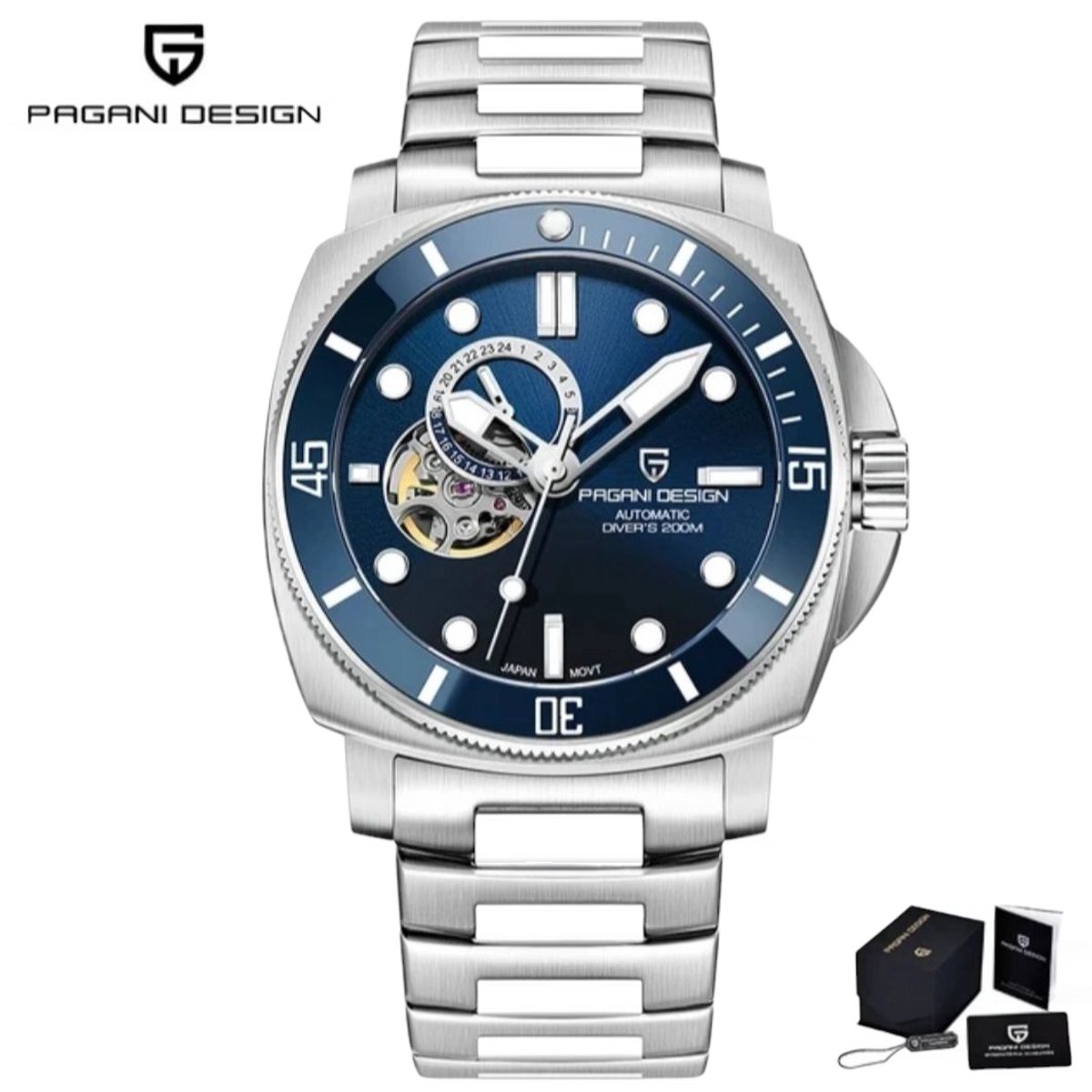 PaganiDesign PD-1736 Automatisch Duikhorloge - Open Heart Blauw, TMI NH39, Saffierglas, Roestvrij Staal 43MM