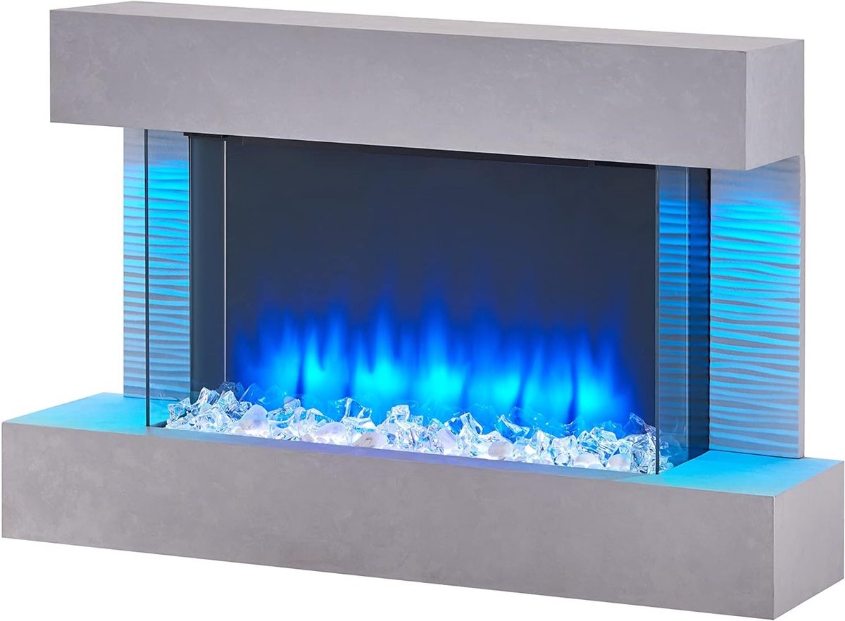Elektrische Wandhaard TasalFurniture Aurora – 3D Realistisch Vlam Effect, LED-licht, 1000/2000W Verwarming, Afstandsbediening, Programmeerbare Timer & Thermostaat, Modern Grijs, Wandmontage