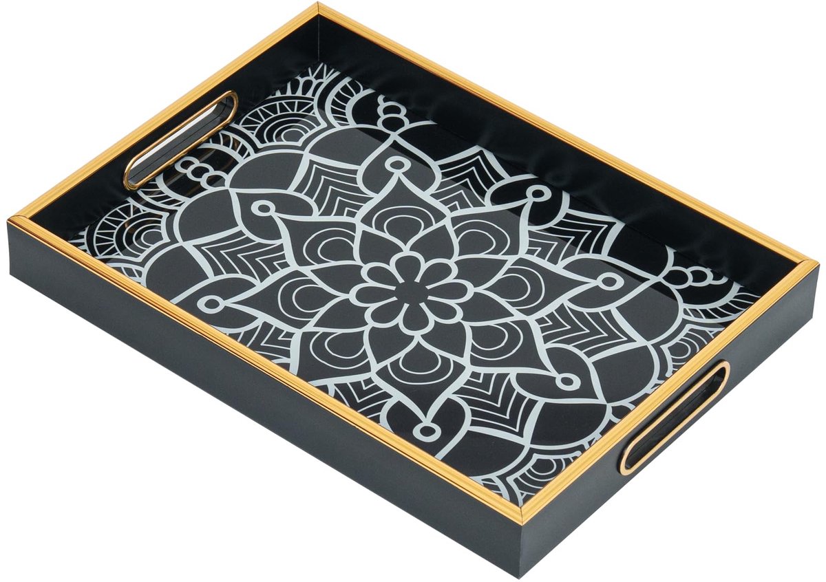 Unyqoos® Stijlvol en veelzijdig glazen serveerdienblad in boho-stijl met handvatten