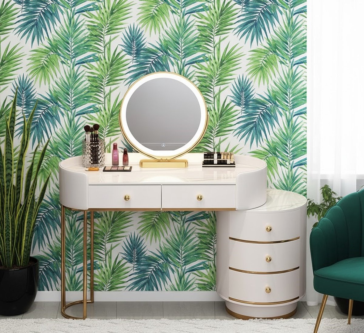 Luxe Kaptafel “Eleganza” met Spiegel & LED Verlichting – 3 Kleurstanden, Verstelbare Lengte (80 cm) – 5 Laden, Marmerlook Tafelblad & Fluwelen Stoel – Moderne Make-up Tafel voor Slaapkamer – Novihome