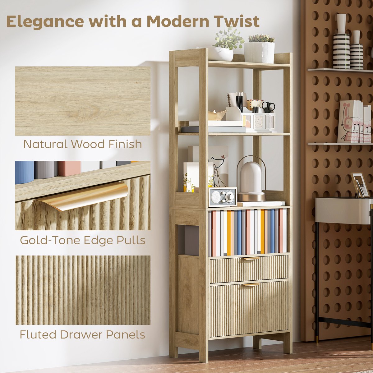 HOMCOM Boekenplank - Spaanplaat - 60x30x160cm - Natuurlijk Hout