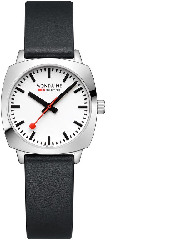 Mondaine MSL.31110.LBV Petite Cushion Unisex Horloge - Stationsklok - Mineraalglas - Staal/Leer - Zilver/Zwart - 36 mm breed - Quartz - Gesp