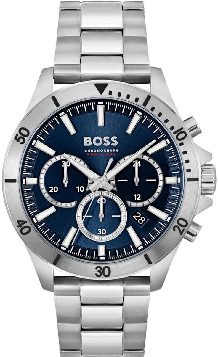 BOSS HB1514069 TROPER Heren Horloge - Mineraalglas - Staal - Zilverkleurig - 44 mm breed - Quartz - Vouw-Vlindersluiting - 5 ATM (douchen)
