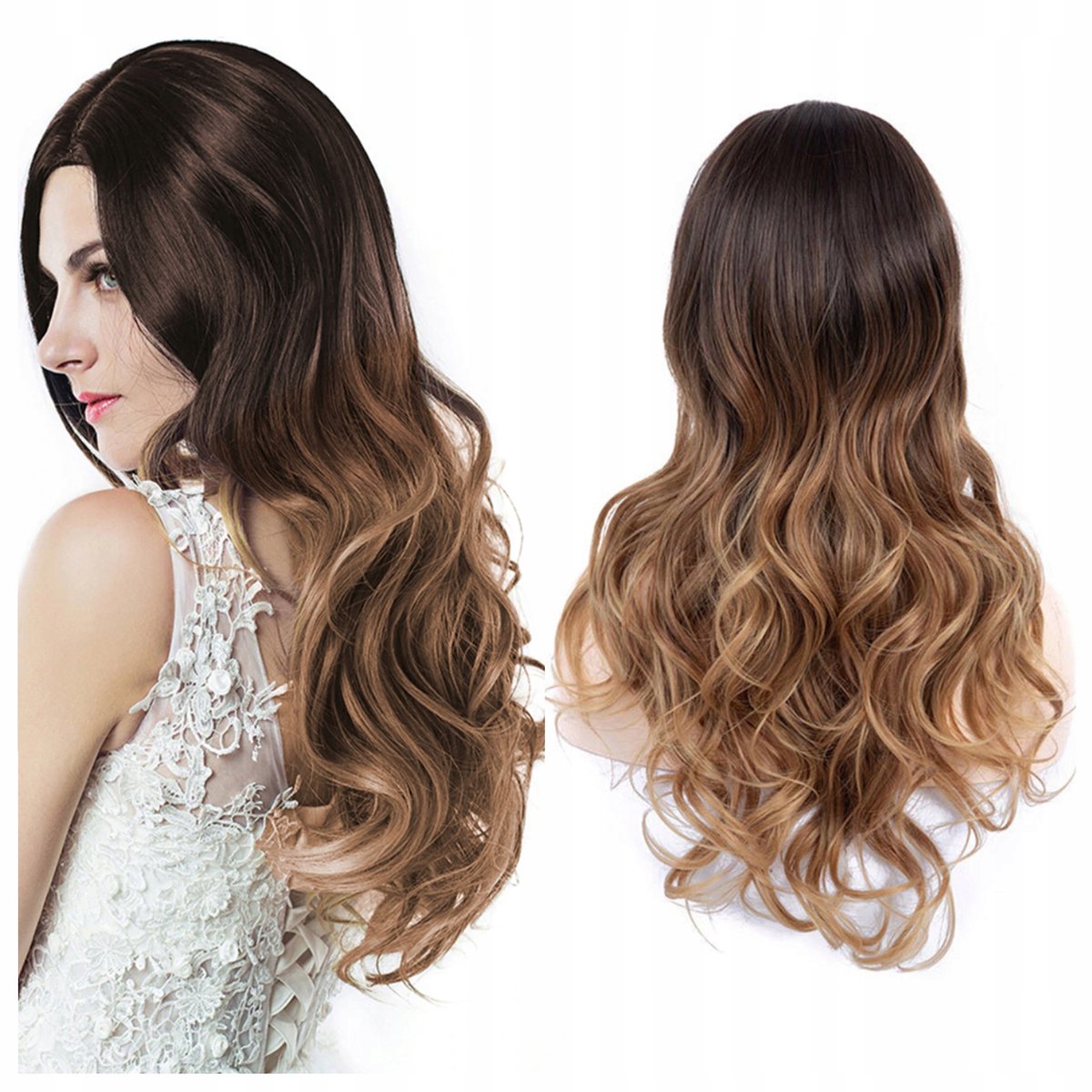 Lange Ombre Bruin Blond Krullende Pruik - Synthetisch, Hittebestendig