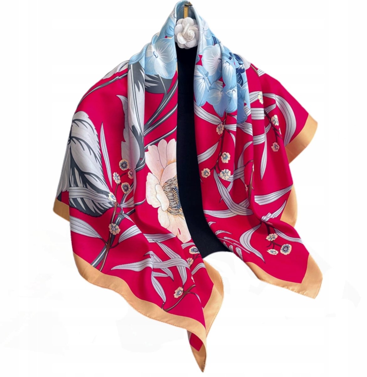 Merkloze Zijdeachtige Sjaal 90x90cm - Rode Basis met Blauwe Hortensia
