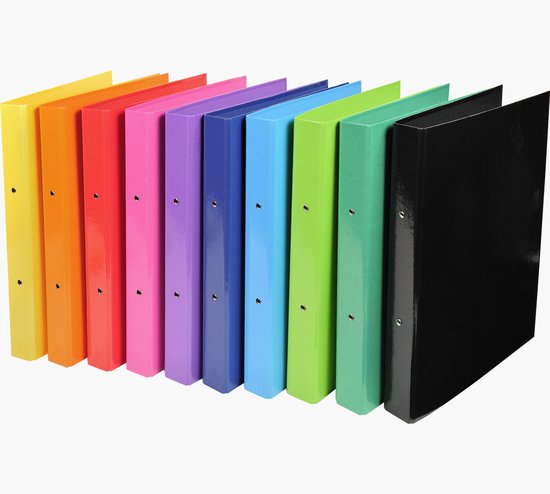 Une rangée de classeurs Exacompta aux couleurs de l'arc-en-ciel, du jaune au noir, avec une finition brillante.