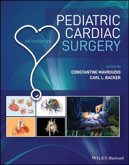 Boekcover "Pediatric Cardiac Surgery, Fifth Edition" met stethoscoop en medische illustraties van het hart.