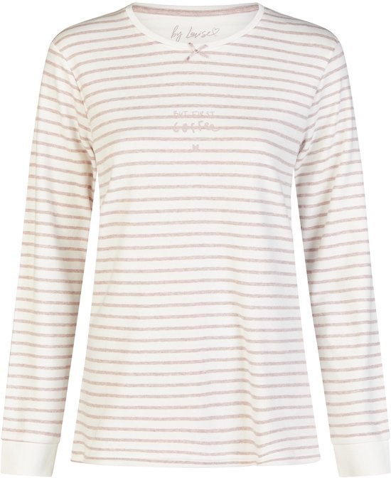 Lange pyjamatop met horizontale roze strepen op een witte ondergrond. Tekst 'BUT FIRST COFFEE' op de borst.
