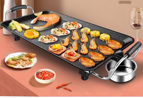 WK Grote Elektrische Grill 68×28 cm | 4-8 Persoons BBQ Pan met Gescheiden Bakzones | Marmeren Coating | RVS Bodem met Isolatie | 5 Temperatuurstanden | 1700W Snelle Verwarming | Makkelijk Schoon te Maken — afbeelding 4