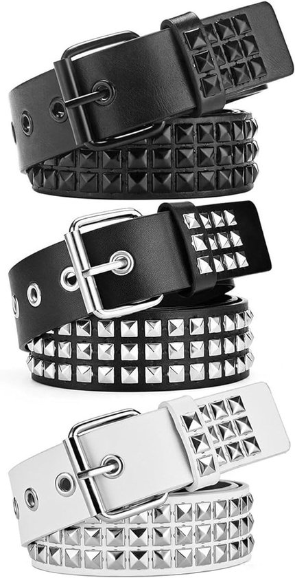 Metallic Punk Rock Studded Belt - Unisex - Ceinture gothique avec studs en forme de pyramide - Avec Studs - Zwart + Wit + Jet Black