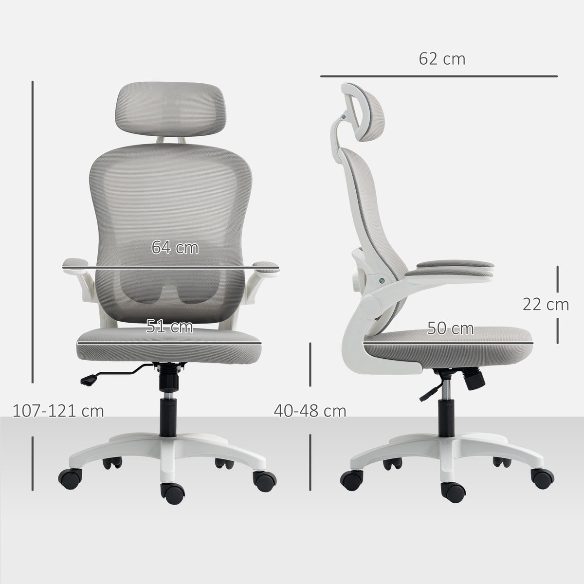 HOMCOM ergonomische bureaustoel - netstof rugleuning - grijs thumbnail 8