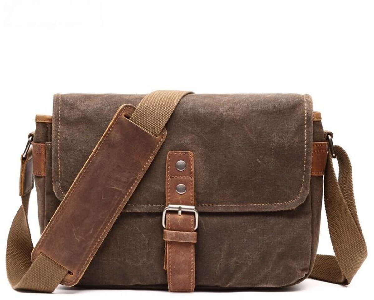 DSLR-cameratas, waterdichte, gewaxte canvas tas, retro cameratas, crossbodytas, met gewatteerde middelste laag, khaki, one size fits all, vintage stijl.