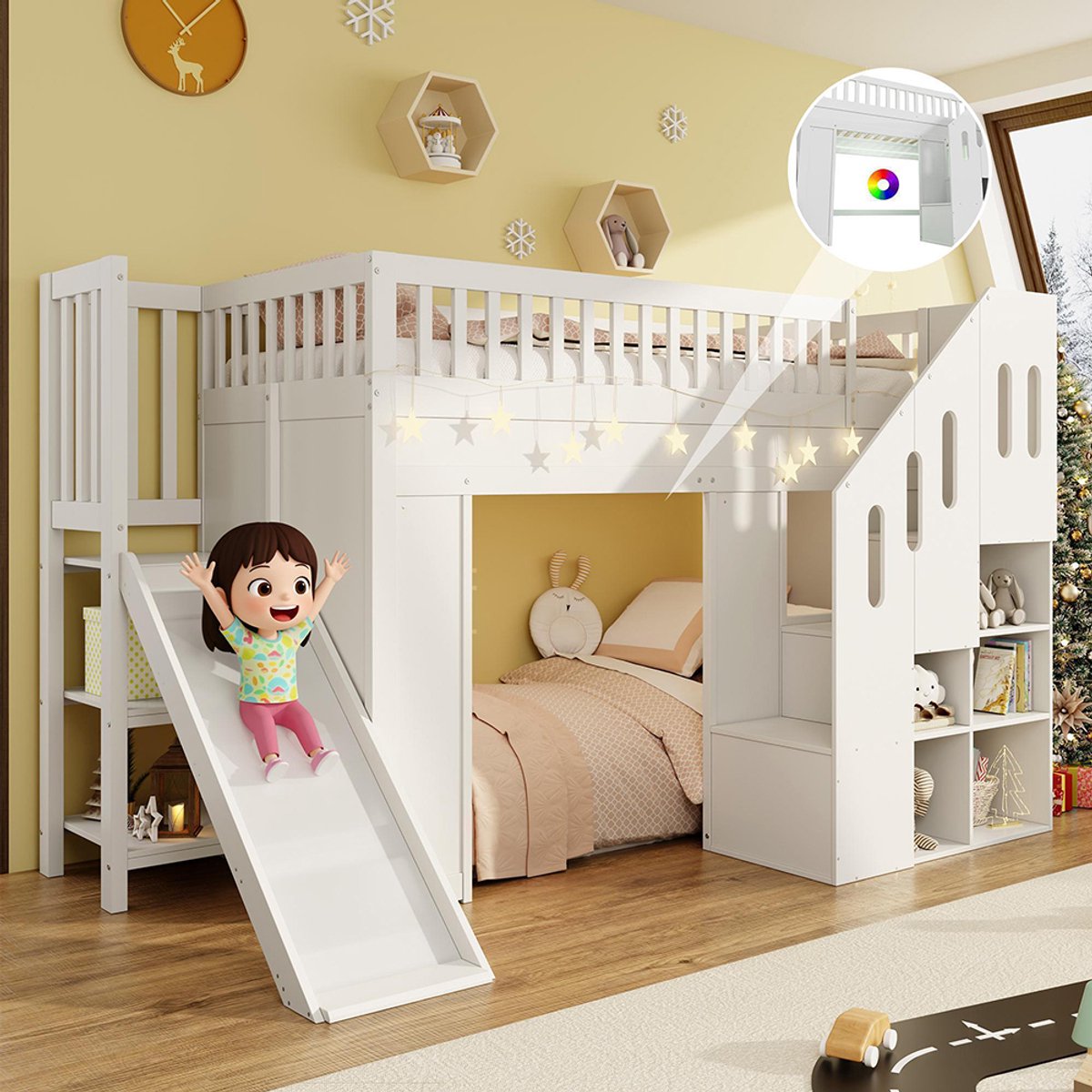 Pugsdrly Stapelbed, hoogslaper, kinderbed 90 x 200 cm met veiligheidshek en trap met opbergruimte, tienerbed, met led-lichtstrip, massief hout, wit