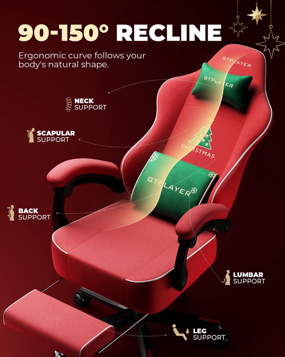 Gamingstoel met kerstmotief, gamingstoel met voetensteun, - afbeelding 3
