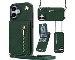 Solidenz Hoesje geschikt voor iPhone 17 Met Koord - Portemonnee Telefoonhoesje - Wallet Case - Backcover Met Koord - Groen