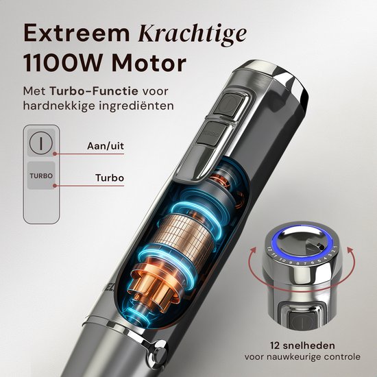 Veltrion Staafmixer S1 PRO 6-in-1 set - Titanium Messen - Inclusief Spatel, hakmolen, garde, melkopschuimer & Maatbeker - Krachtig & Vaatwasserbestendig - Turbofunctie - 1100W - PFAS-vrij van Merkloos — afbeelding 2