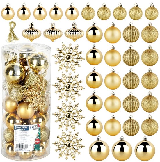 Vilde - Ensemble de Boules de Noël en Plastique Non-Adhésives - Goud - 40 Pièces - 4/5/6 cm - Met Flocons de Neige
