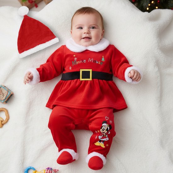 Baby liggend in kerstmanpakje van Minnie Mouse, met kerstmuts ernaast.