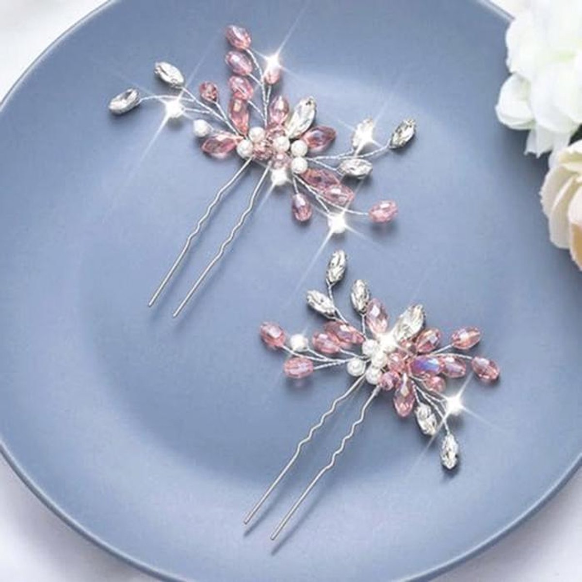 Elegante Haarspelden voor Bruiloft - Roze Kristal en Zilver, Set van 2