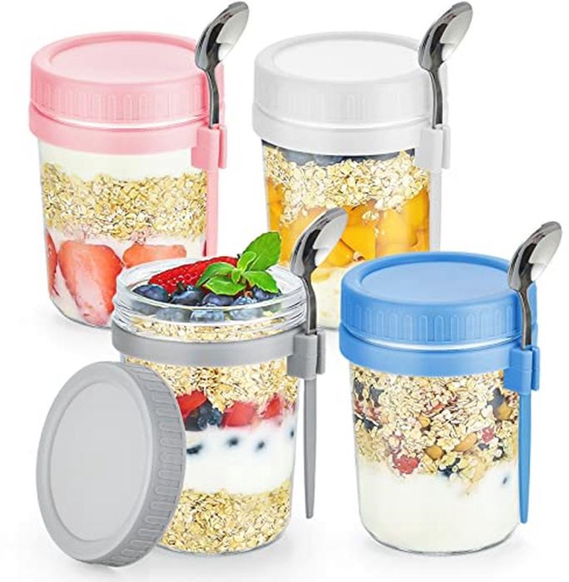 Set van 4 Luchtdichte Glazen Havermoutcontainers met Lepels - 16 oz