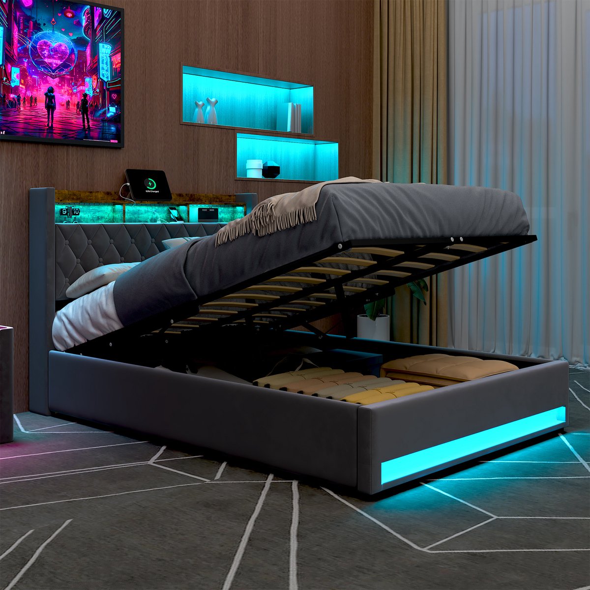 REDOM Opbergbed 140x200 Cm – LED Hoofdbord Met Cilindrische Opbergbasis – Ruimtebesparend Tweepersoonsbed Voor Slaapkamer – Modern Design – Grijs