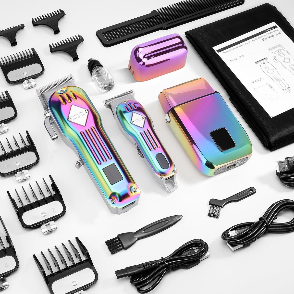 OKWISH Tondeuses - Draadloze Tondeuse Set Voor Thuis, Professionele Haar Tondeuse Met Verstelbare Kammen, Trimmer Set, Metaal + Roestvrij Staal, 22,2x23,8x6,7 cm, Zilver thumbnail 2