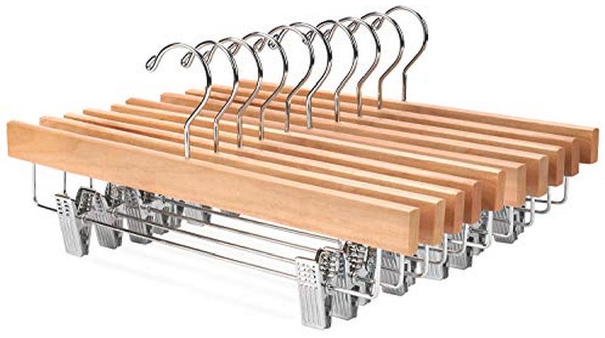 Houten Broekhangers met Clips en Antiroest Haak - 10 Stuks
